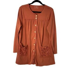 April Cornell Cardigan Women Rust Brown Button Front Embroidered Pockets Tunic